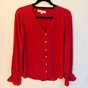 LOFT Womens‎ Sm Rust V-Neck Button Down Long Poet Sleeve Top Minimalist Classic